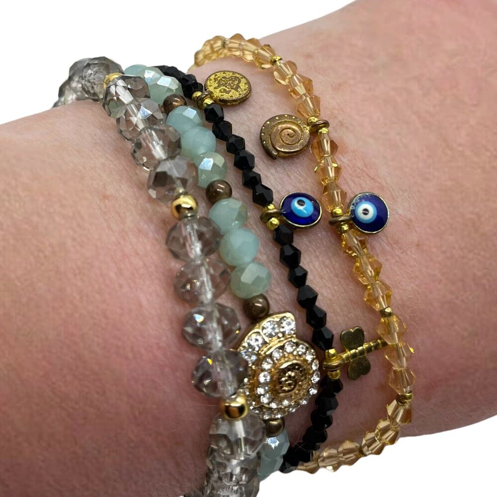 Set Of Four Evil Eye Dragon Fly Snail Spiral Sparkly Beaded Boho Bracelets